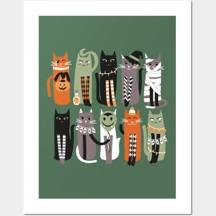 High Gothic Halloween Cats // print // green background orange brown sage green white and black kittens Posters and Art